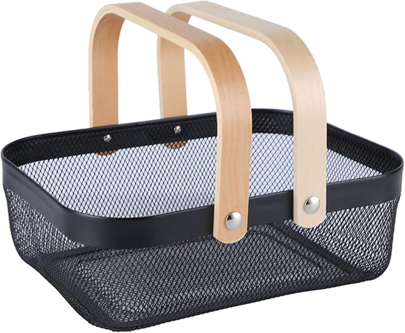 AJIODA Metal Mesh Steel Basket, Storage Organizer Basket Garden Harvest Basket Multi-functional Kitchen Fruit Baskets Bin with Wooden Handle for Bathroom Picnic Shopping Decor Cabinet Home, Black - Image 1